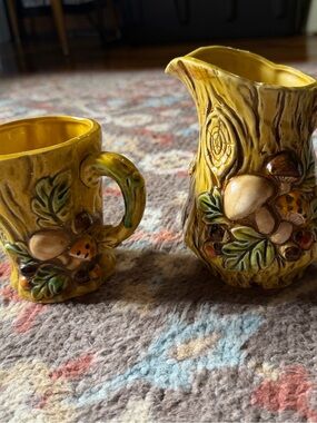 Vintage Sexton 1970 Woodland Tree Stump Creamer 🍄 Mug Set Mushroom Acorn Ceramic